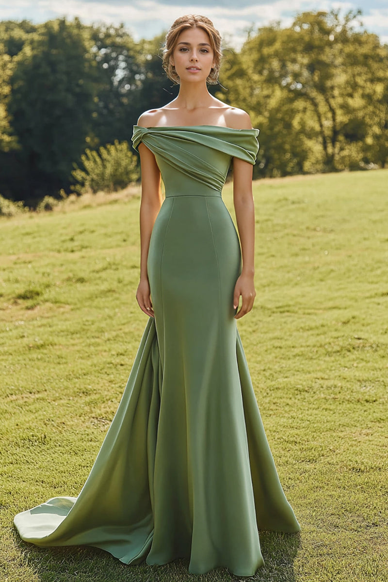 Load image into Gallery viewer, Sage Slim Off The Shoulder Draped Neck Long Fishtail Formal Dress with Wide Hem