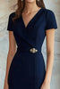 Load image into Gallery viewer, Navy V Neck Short Sleeves Slim Wrap Formal Dress