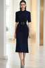 Load image into Gallery viewer, Navy Polo Collar Mediumsleeves Midi Formal Dress