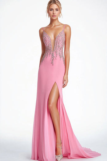 Pink V Neck Spaghetti Straps Beaded Formal Dress