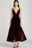 Load image into Gallery viewer, Burgundy Spaghetti Straps V Neck Velvet Formal Dress