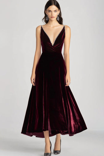 Burgundy Spaghetti Straps V Neck Velvet Formal Dress