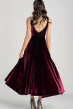Burgundy Spaghetti Straps V Neck Velvet Formal Dress