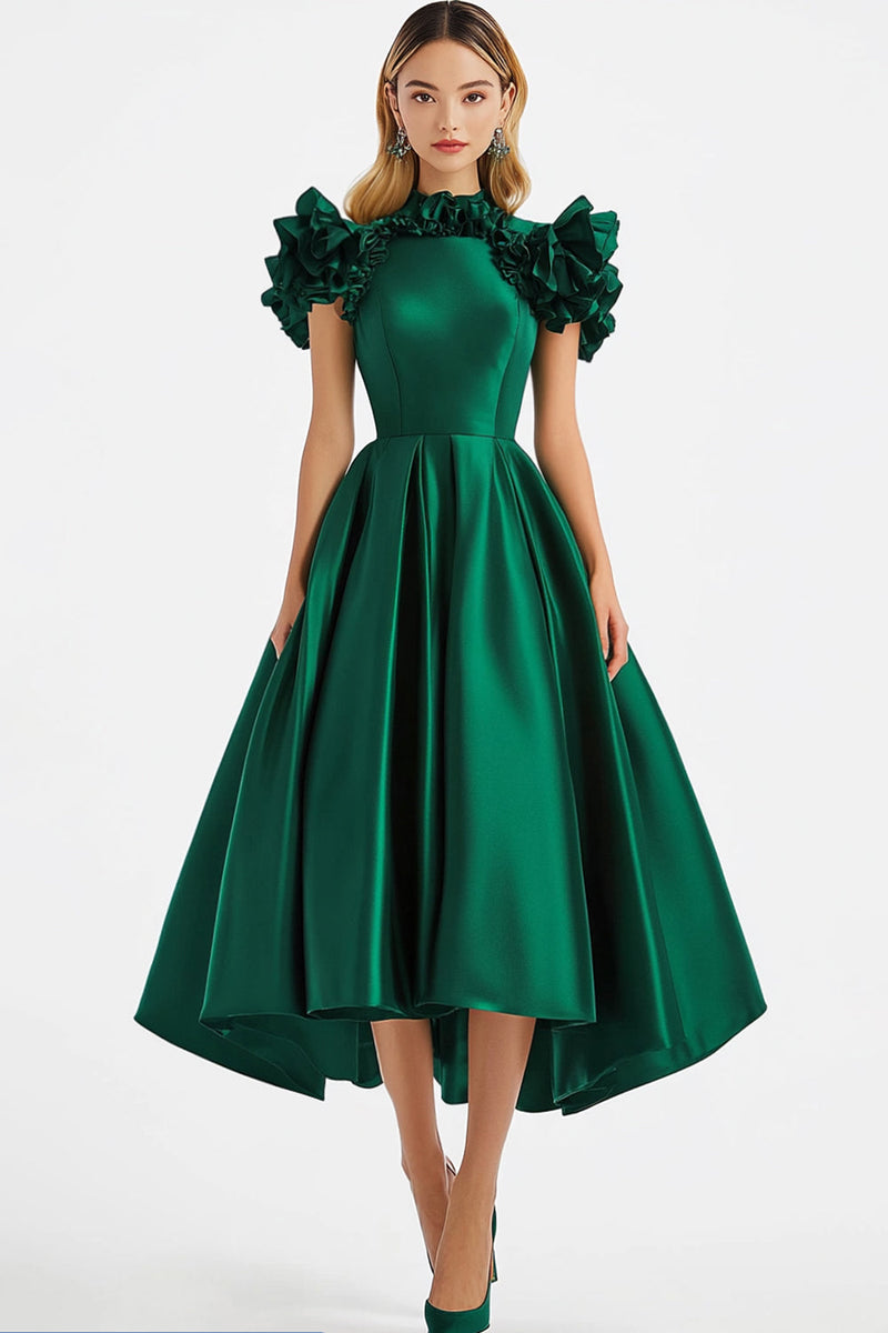 Load image into Gallery viewer, Dark Green A Line Off The Shouler with Ruffles Formal Dress