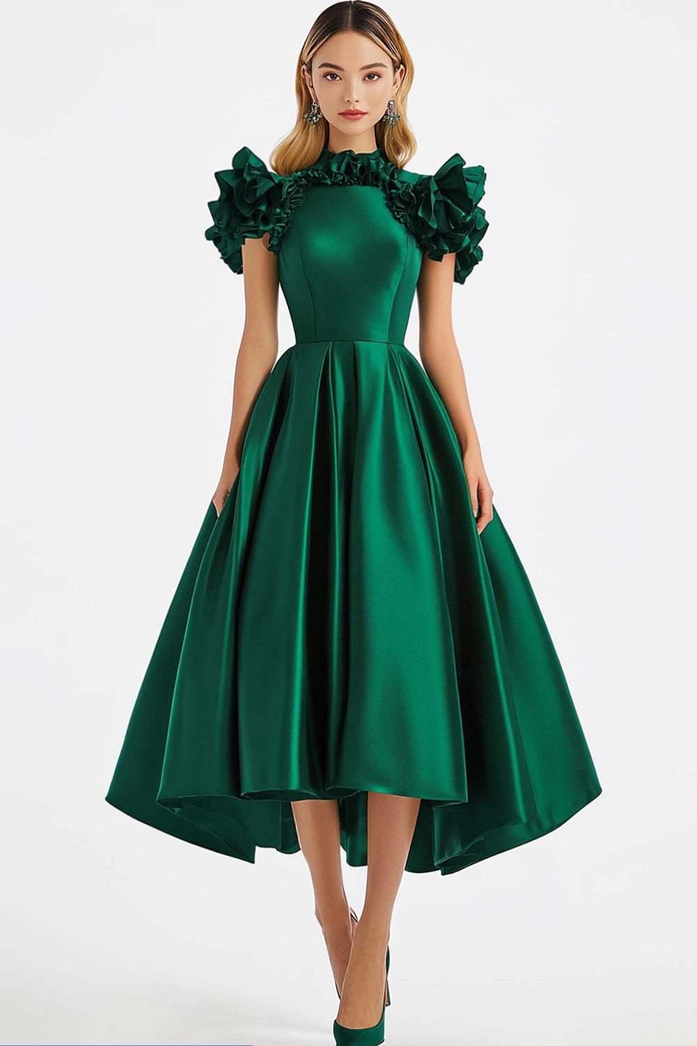 Dark Green A Line Off The Shouler with Ruffles Formal Dress