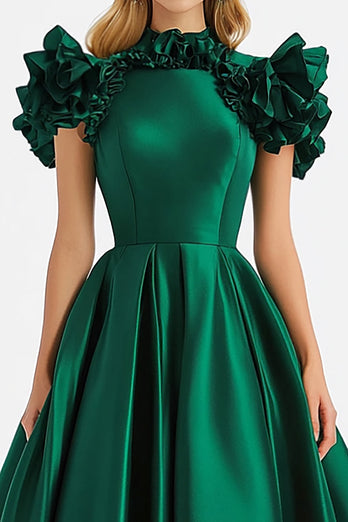 Dark Green A Line Off The Shouler with Ruffles Formal Dress