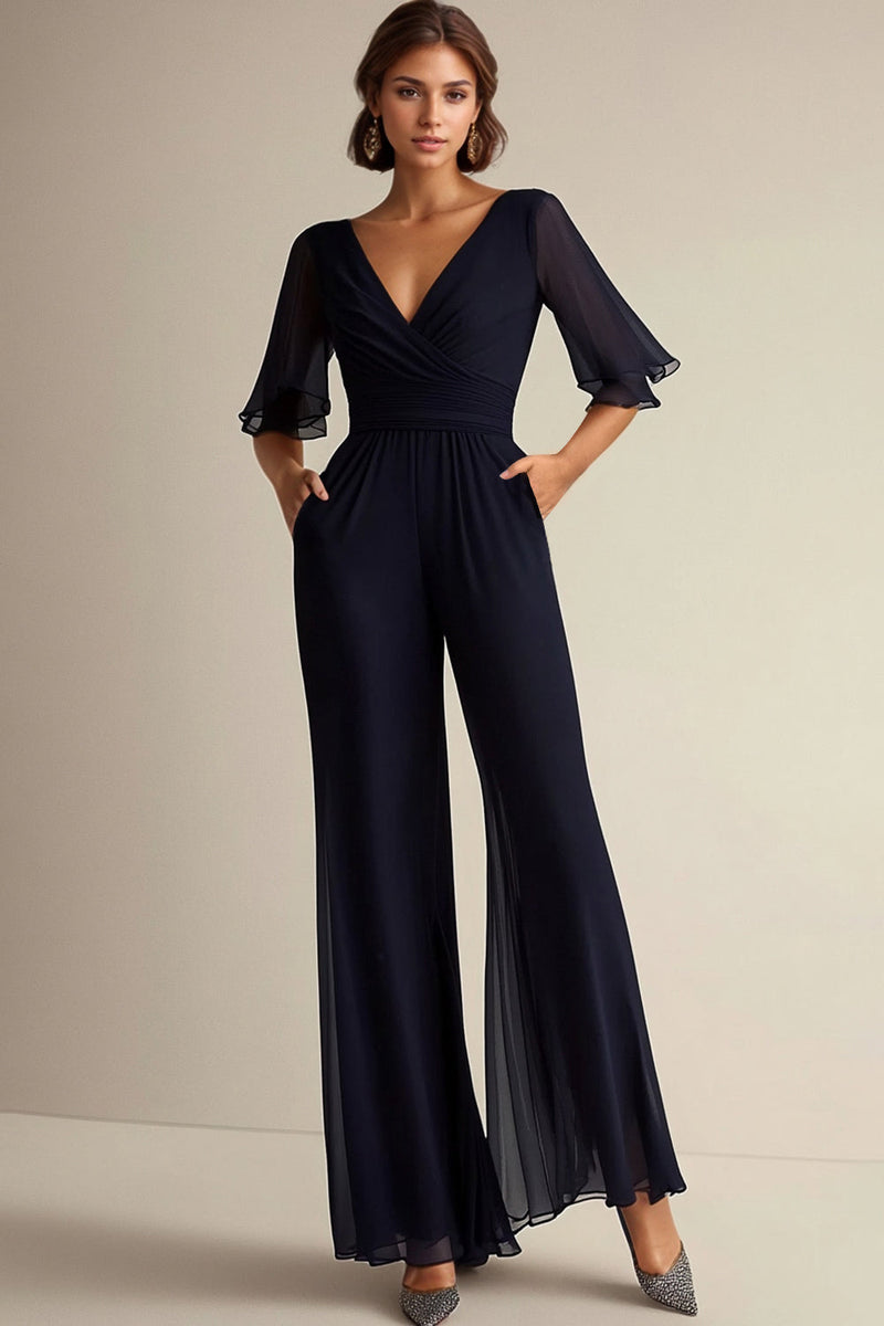 Load image into Gallery viewer, Navy V-neck Half Sleeves Chiffon Mother of the Bride Jumpsuits