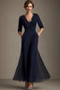 Load image into Gallery viewer, Navy V-neck Chiffon A-Line Half Sleeves Mother of the Bride Dress with Appliques