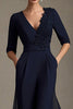 Load image into Gallery viewer, Navy V-neck Chiffon A-Line Half Sleeves Mother of the Bride Dress with Appliques