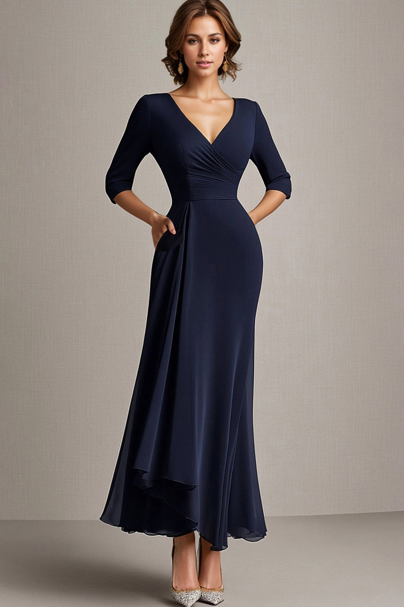 Load image into Gallery viewer, Navy A-Line Chiffon V-Neck Long Mother of the Bride Dress with Half Sleeves