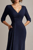 Load image into Gallery viewer, Navy A-Line Chiffon V-Neck Long Mother of the Bride Dress with Half Sleeves