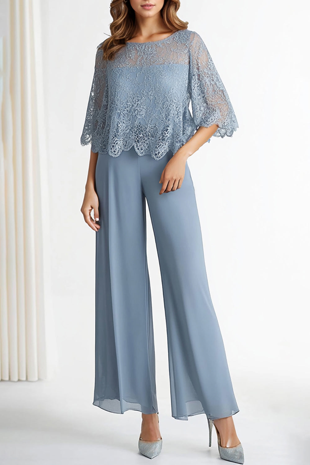 Boat Neck Grey Blue Chiffon 1/2 Sleeves Loose Jumpsuit with Lace Upper