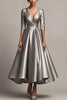 Load image into Gallery viewer, V-Neck A Line Satin Grey Sleeves Calf Length Mother of the Bride Dress