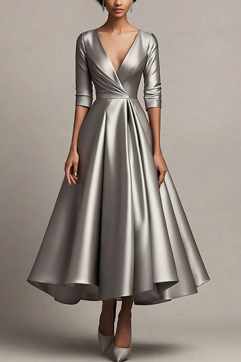 V-Neck A Line Satin Grey Sleeves Calf Length Mother of the Bride Dress