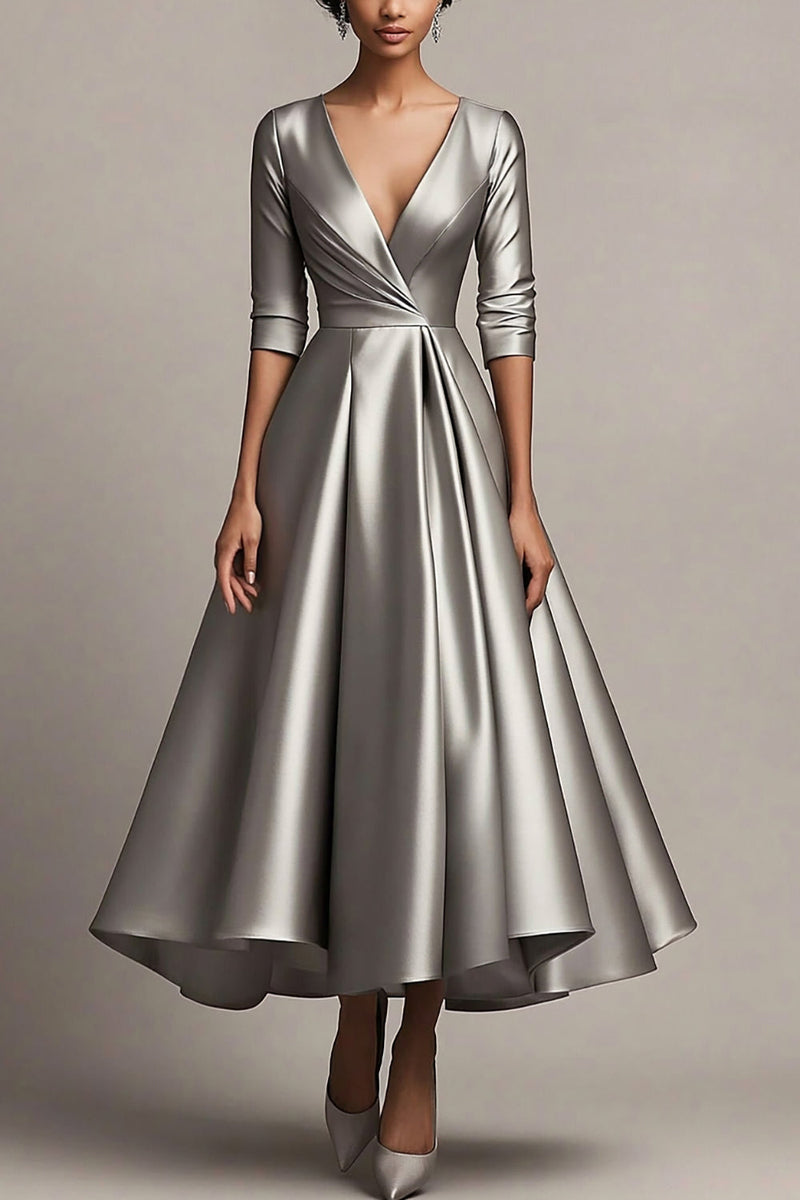 Load image into Gallery viewer, V-Neck A Line Satin Grey Sleeves Calf Length Mother of the Bride Dress