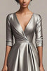 Load image into Gallery viewer, V-Neck A Line Satin Grey Sleeves Calf Length Mother of the Bride Dress