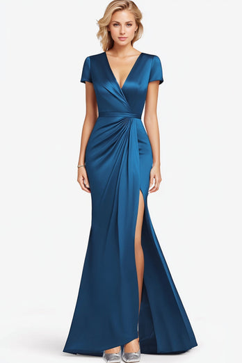 Mermaid V-Neck Blue Ruched Sleeves Full Length Mother of the Bride Dress with Slit