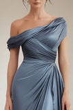 Grey Blue Mermaid One Shoulder Satin Ruched Formal Dress with Ruffles