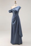 Sheath Plus Size Grey Blue One Shoulder Ruched Satin Mother of the Bride Dress