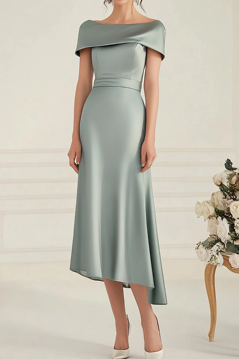 Load image into Gallery viewer, Mermaid Grey Long Boat Neck Satin Calf Length Mother Of Bride Dress