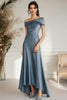 Load image into Gallery viewer, Grey Blue Long Boat Neck A Line Satin Long Mother Of Bride Dress