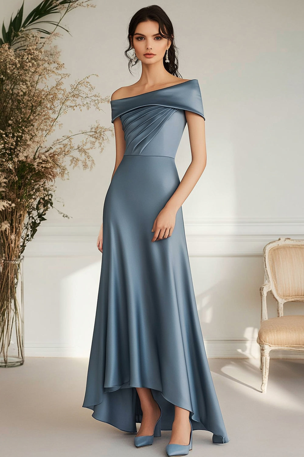 Grey Blue Long Boat Neck A Line Satin Long Mother Of Bride Dress