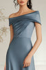 Load image into Gallery viewer, Grey Blue Long Boat Neck A Line Satin Long Mother Of Bride Dress