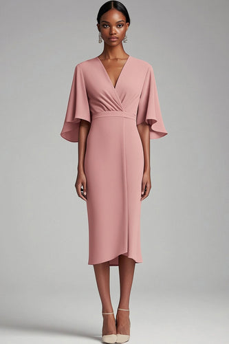 Pink V Neck Bodycon Chiffon Long Mother Dress with 1/2 Sleeves