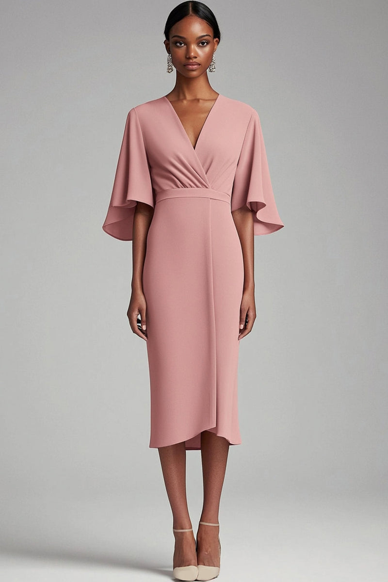 Load image into Gallery viewer, Pink V Neck Bodycon Chiffon Long Mother Dress with 1/2 Sleeves