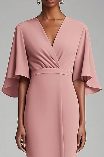 Pink V Neck Bodycon Chiffon Long Mother Dress with 1/2 Sleeves