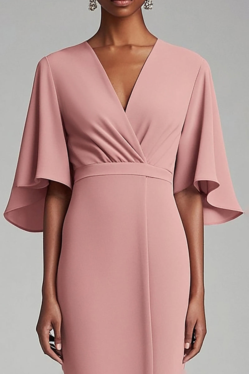 Load image into Gallery viewer, Pink V Neck Bodycon Chiffon Long Mother Dress with 1/2 Sleeves