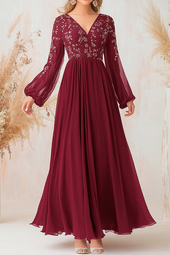 Elegant Burgundy A Line V-Neck Mother Of Bride Dresses With Lace Appliques