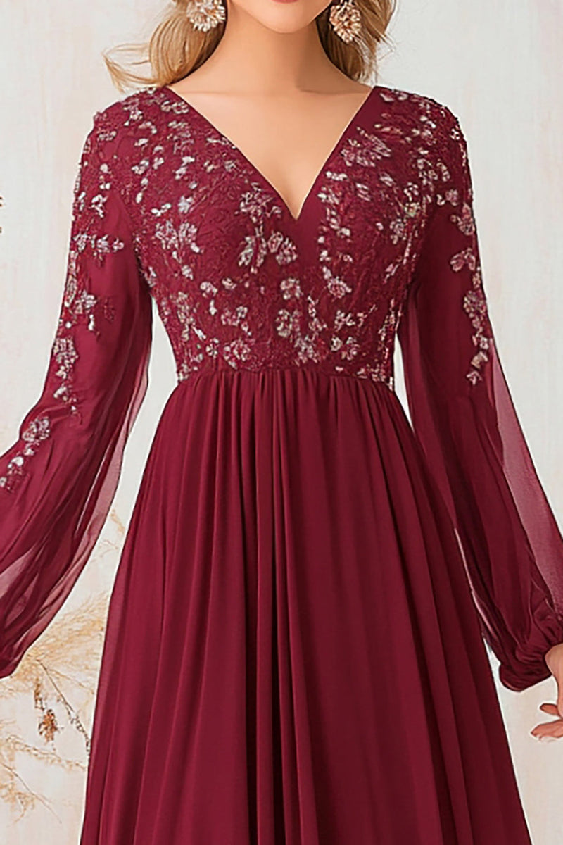 Load image into Gallery viewer, Elegant Burgundy A Line V-Neck Mother Of Bride Dresses With Lace Appliques