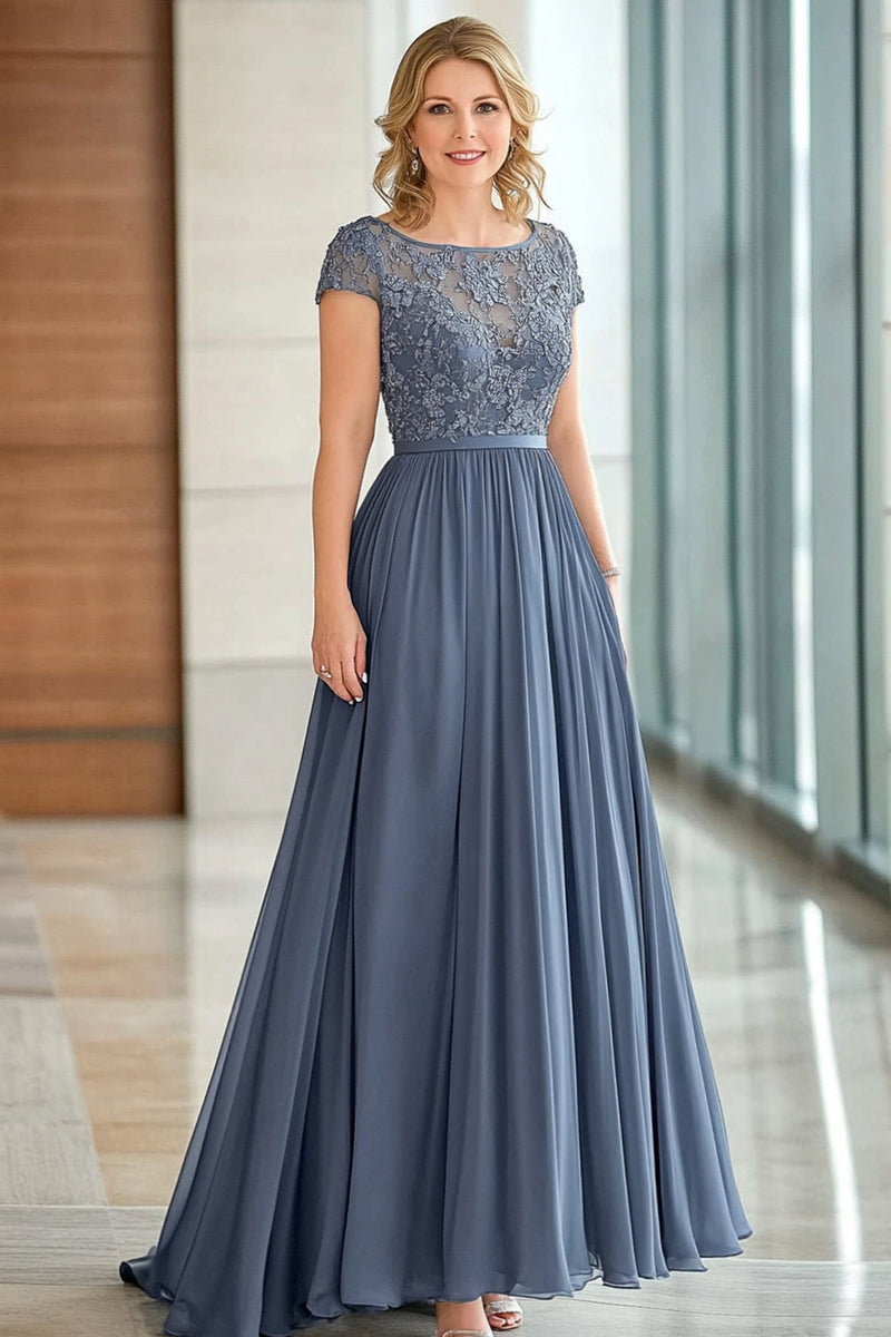 Load image into Gallery viewer, Elegant Grey Blue A Line Cap Sleeve Mother Of Bride Dress With Lace Appliques