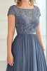 Load image into Gallery viewer, Elegant Grey Blue A Line Cap Sleeve Mother Of Bride Dress With Lace Appliques