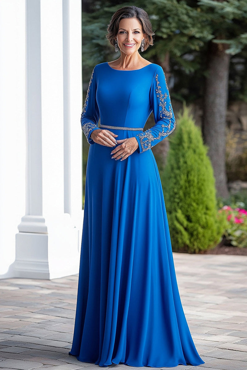 Load image into Gallery viewer, Sparkly Royal Blue A-Line Beaded Long Sleeves Mother of the Bride Dress