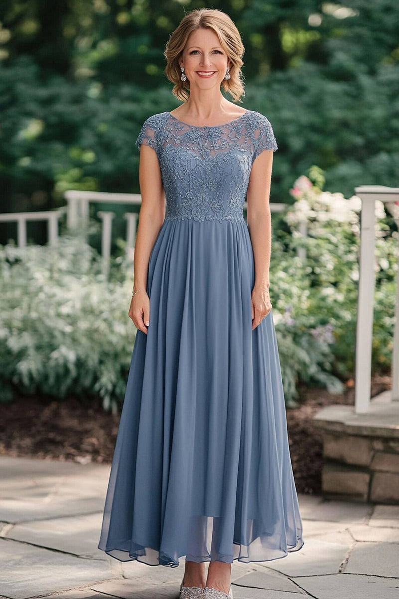 Load image into Gallery viewer, Grey Blue A-Line Illusion Lace Neck Chiffon Ankle Length Mother of the Bride Dress