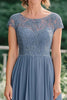 Load image into Gallery viewer, Grey Blue A-Line Illusion Lace Neck Chiffon Ankle Length Mother of the Bride Dress