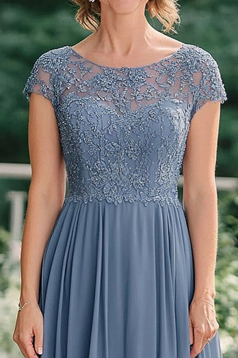 Grey Blue A-Line Illusion Lace Neck Chiffon Ankle Length Mother of the Bride Dress