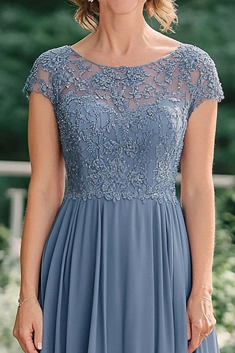 Load image into Gallery viewer, Grey Blue A-Line Illusion Lace Neck Chiffon Ankle Length Mother of the Bride Dress