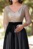 Load image into Gallery viewer, Sparkly Champagne Black A-Line Sequined Top Long Sleeves V Neck Long Mother of the Bride Dress