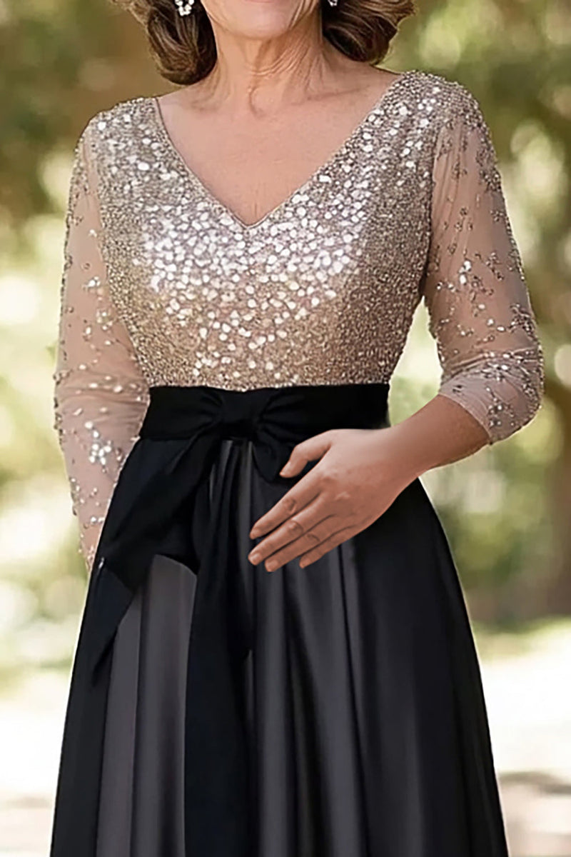 Load image into Gallery viewer, Sparkly Champagne Black A-Line Sequined Top Long Sleeves V Neck Long Mother of the Bride Dress