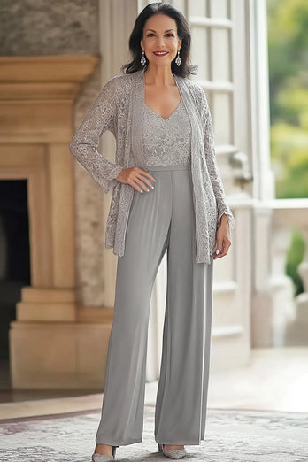 Grey V Neck Bodycon Lace Party Jumpsuit with Lace Coat