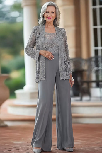 Grey Bodycon Laced Wedding Party Jumpsuit with Lace Coat