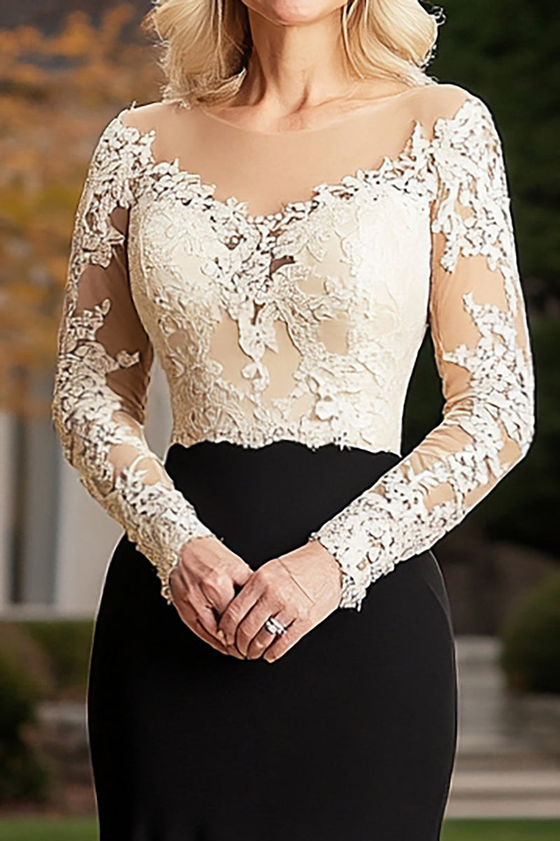 Load image into Gallery viewer, Champagne Black Mermaid Illusion Neck Long Sleeves Mother of the Bride Dress with Appliques