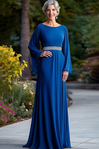 Royal Blue Loose Fit Long Sleeves Beaded Pleated Round Neck Mother Of Bride Dress