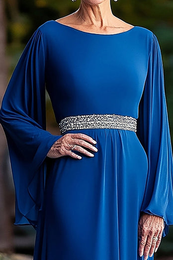 Royal Blue Loose Fit Long Sleeves Beaded Pleated Round Neck Mother Of Bride Dress