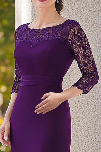 Purple Lace 3/4 Sleeves Round Neck Straight Long Mother Of Bride Dress