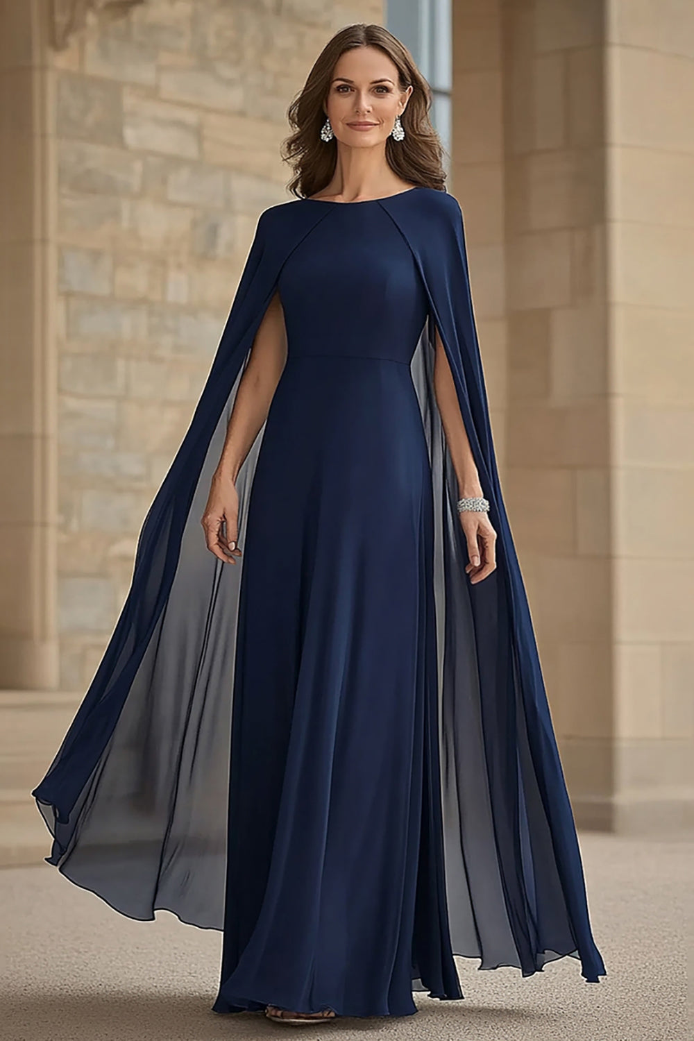 Navy Mermaid Chiffon Long Mother of the Bride Dress with Cape