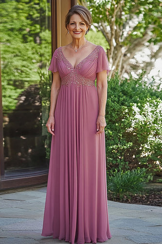 Sparkly Dusty Rose A-Line V Neck Sequined Chiffon Pleats Long Mother of the Bride Dress